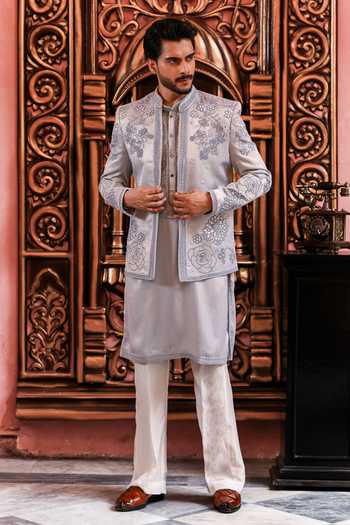 Shop_Yajy By Aditya Jain_Blue Silk Nobo Roop Rose Embroidered Jacket And Kurta Set 