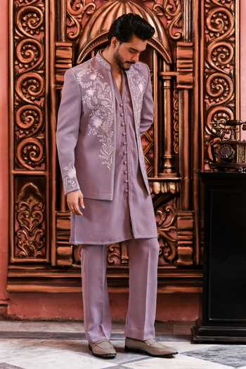 Shop_Yajy By Aditya Jain_Purple Suiting Rong Verse Embroidered Jacket And Kurta Set _Online_at_Aza_Fashions