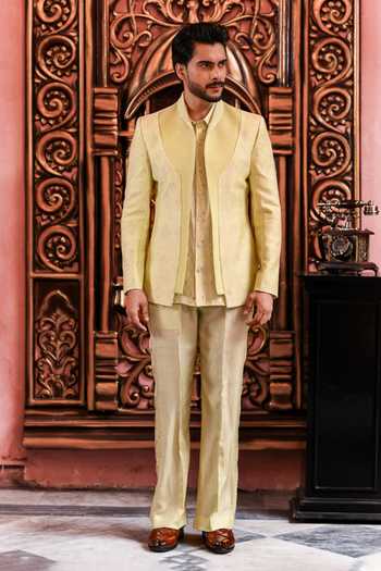 Yajy By Aditya Jain_Green Silk Udayan Pintucked Jacket And Pant Set _Online_at_Aza_Fashions