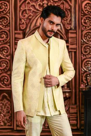 Buy_Yajy By Aditya Jain_Green Silk Udayan Pintucked Jacket And Pant Set _Online_at_Aza_Fashions