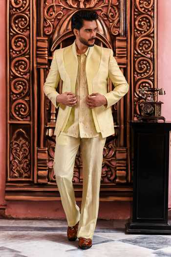 Shop_Yajy By Aditya Jain_Green Silk Udayan Pintucked Jacket And Pant Set _Online_at_Aza_Fashions