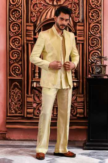 Yajy By Aditya Jain_Green Silk Udayan Pintucked Jacket And Pant Set _at_Aza_Fashions