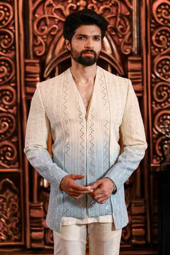 Buy_Yajy By Aditya Jain_Blue Nobonil Ombre Chikankari Jacket Pant Set _Online_at_Aza_Fashions