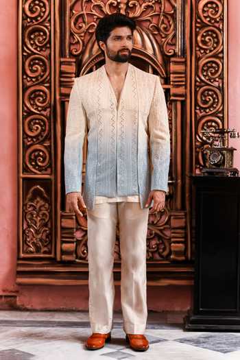 Yajy By Aditya Jain_Blue Nobonil Ombre Chikankari Jacket Pant Set _at_Aza_Fashions