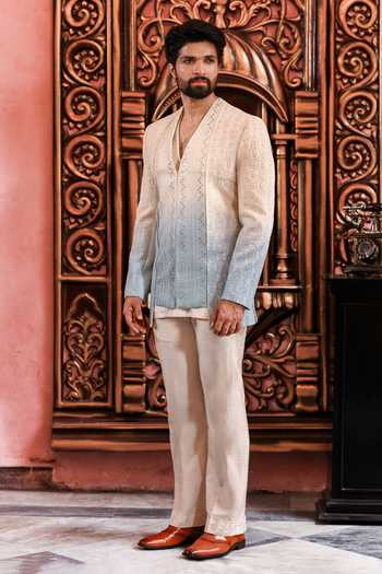 Shop_Yajy By Aditya Jain_Blue Nobonil Ombre Chikankari Jacket Pant Set 