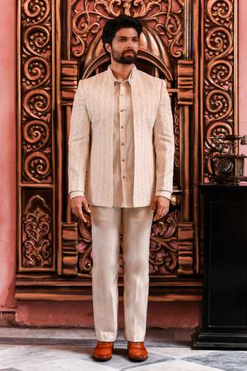 Yajy By Aditya Jain_Ivory Urban Nawabi Chikankari Jacket And Pant Set _Online_at_Aza_Fashions