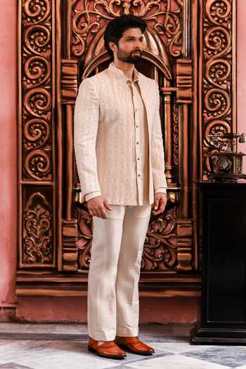 Shop_Yajy By Aditya Jain_Ivory Urban Nawabi Chikankari Jacket And Pant Set _Online_at_Aza_Fashions