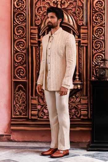 Yajy By Aditya Jain_Ivory Urban Nawabi Chikankari Jacket And Pant Set _at_Aza_Fashions