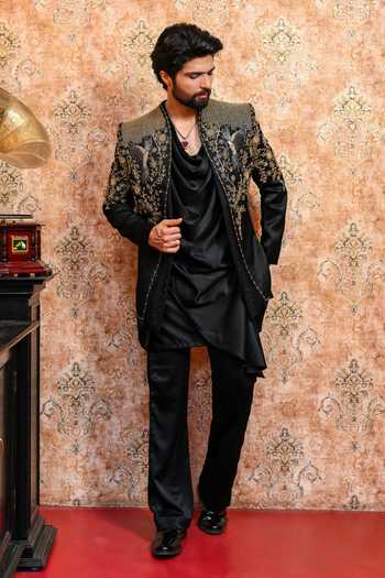 Buy Yajy By Aditya Jain Black Suiting Shahi Mehfil Embroidered Jacket And Kurta Set Online at Aza Fashions Buy_Yajy By Aditya Jain_Black Suiting Shahi Mehfil Embroidered Jacket And Kurta Set _Online_at_Aza_Fashions
