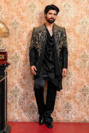 Shop Yajy By Aditya Jain Black Suiting Shahi Mehfil Embroidered Jacket And Kurta Set Shop_Yajy By Aditya Jain_Black Suiting Shahi Mehfil Embroidered Jacket And Kurta Set