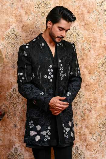 Buy_Yajy By Aditya Jain_Black Suiting Baishakhi Sahi Embroidered Jacket And Kurta Set _Online_at_Aza_Fashions