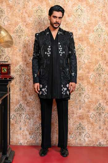 Shop_Yajy By Aditya Jain_Black Suiting Baishakhi Sahi Embroidered Jacket And Kurta Set 