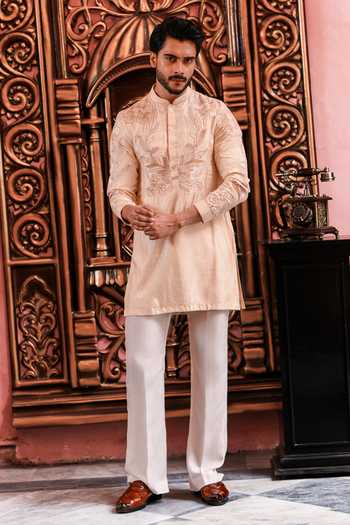 Shop_Yajy By Aditya Jain_Ivory Silk Embroidery Agniborsho Shahi Bundi Kurta Set _Online_at_Aza_Fashions