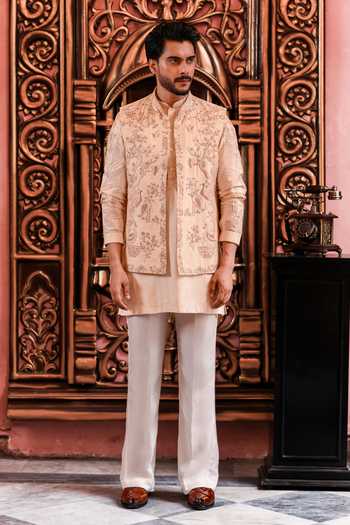Yajy By Aditya Jain_Ivory Silk Embroidery Agniborsho Shahi Bundi Kurta Set _at_Aza_Fashions