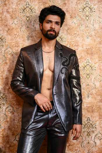Buy_Yajy By Aditya Jain_Black Spandex Naag Bilash Embroidered Blazer And Pant Set _Online_at_Aza_Fashions