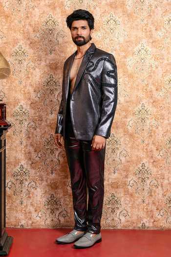 Shop_Yajy By Aditya Jain_Black Spandex Naag Bilash Embroidered Blazer And Pant Set _Online_at_Aza_Fashions