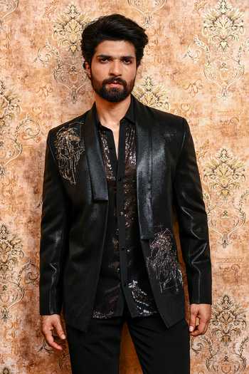 Buy_Yajy By Aditya Jain_Black Spandex Ashva Utsav Embroidered Blazer And Pant Set _Online_at_Aza_Fashions