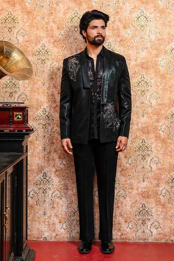 Yajy By Aditya Jain_Black Spandex Ashva Utsav Embroidered Blazer And Pant Set _at_Aza_Fashions
