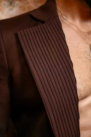 Yajy By Aditya Jain_Brown Cotton Charulata Cropped Tuxedo Jacket And Pant Set _Online_at_Aza_Fashions