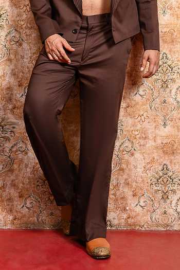 Buy_Yajy By Aditya Jain_Brown Cotton Charulata Cropped Tuxedo Jacket And Pant Set _Online_at_Aza_Fashions