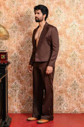 Yajy By Aditya Jain_Brown Cotton Charulata Cropped Tuxedo Jacket And Pant Set _at_Aza_Fashions