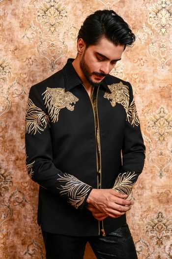 Yajy By Aditya Jain_Black Suiting Kaalo Karigari Cutdana Bomber Jacket _Online_at_Aza_Fashions