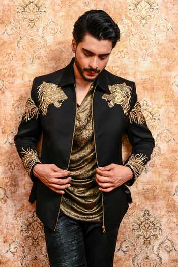 Buy_Yajy By Aditya Jain_Black Suiting Kaalo Karigari Cutdana Bomber Jacket _Online_at_Aza_Fashions