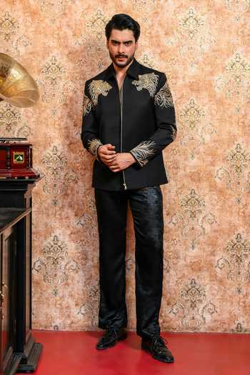 Shop_Yajy By Aditya Jain_Black Suiting Kaalo Karigari Cutdana Bomber Jacket _Online_at_Aza_Fashions