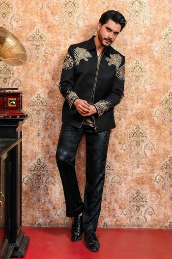 Buy_Yajy By Aditya Jain_Black Suiting Kaalo Karigari Cutdana Bomber Jacket 