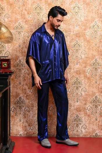 Shop_Yajy By Aditya Jain_Blue Spandex Neelanjana Sequin Kaftan And Pant Co-ord Set _Online_at_Aza_Fashions