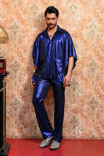 Shop_Yajy By Aditya Jain_Blue Spandex Neelanjana Sequin Kaftan And Pant Co-ord Set 