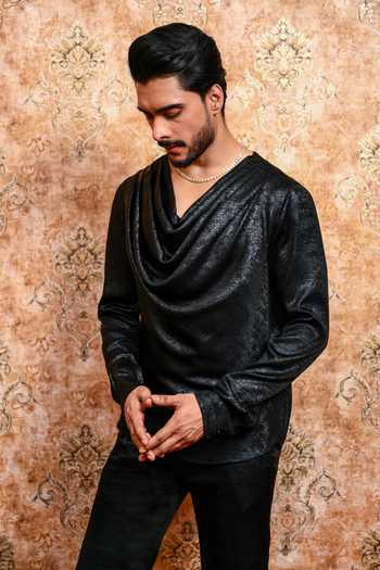 Buy_Yajy By Aditya Jain_Black Crepe Shyamol Kalo Cowl T-shirt And Pant Co-ord Set _Online_at_Aza_Fashions