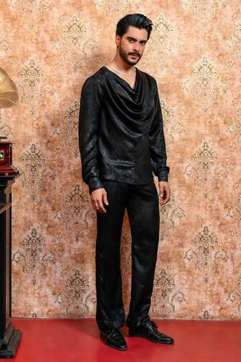 Shop_Yajy By Aditya Jain_Black Crepe Shyamol Kalo Cowl T-shirt And Pant Co-ord Set _Online_at_Aza_Fashions