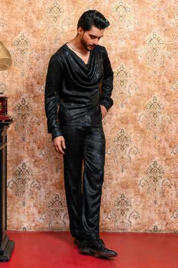 Buy_Yajy By Aditya Jain_Black Crepe Shyamol Kalo Cowl T-shirt And Pant Co-ord Set 