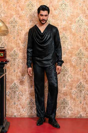 Shop_Yajy By Aditya Jain_Black Crepe Shyamol Kalo Cowl T-shirt And Pant Co-ord Set 