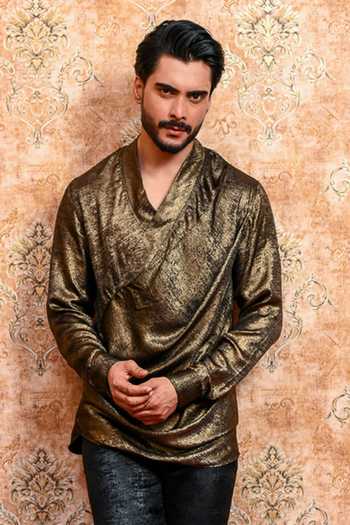 Buy_Yajy By Aditya Jain_Gold Crepe Swarna Draped Cowl T-shirt And Pant Set _Online_at_Aza_Fashions