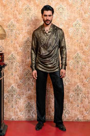 Shop_Yajy By Aditya Jain_Gold Crepe Swarna Draped Cowl T-shirt And Pant Set _Online_at_Aza_Fashions