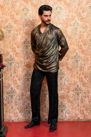 Yajy By Aditya Jain_Gold Crepe Swarna Draped Cowl T-shirt And Pant Set _at_Aza_Fashions