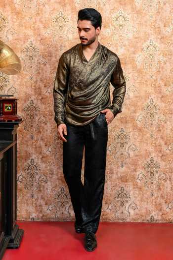 Buy_Yajy By Aditya Jain_Gold Crepe Swarna Draped Cowl T-shirt And Pant Set 