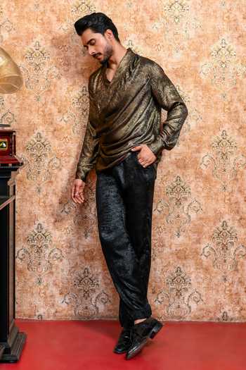 Shop_Yajy By Aditya Jain_Gold Crepe Swarna Draped Cowl T-shirt And Pant Set 