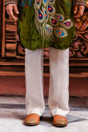 Yajy By Aditya Jain Olive Green Velvet Mayur Utsav Peacock Embroidered Kurta And Pant Set Online at Aza Fashions Yajy By Aditya Jain_Olive Green Velvet Mayur Utsav Peacock Embroidered Kurta And Pant Set _Online_at_Aza_Fashions