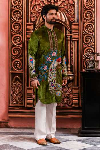 Buy Yajy By Aditya Jain Olive Green Velvet Mayur Utsav Peacock Embroidered Kurta And Pant Set Online at Aza Fashions Buy_Yajy By Aditya Jain_Olive Green Velvet Mayur Utsav Peacock Embroidered Kurta And Pant Set _Online_at_Aza_Fashions