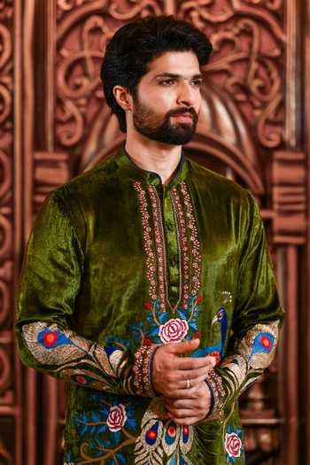 Yajy By Aditya Jain Olive Green Velvet Mayur Utsav Peacock Embroidered Kurta And Pant Set at Aza Fashions Yajy By Aditya Jain_Olive Green Velvet Mayur Utsav Peacock Embroidered Kurta And Pant Set _at_Aza_Fashions