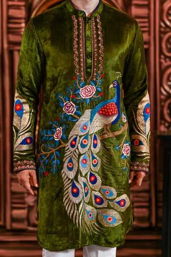Buy Yajy By Aditya Jain Olive Green Velvet Mayur Utsav Peacock Embroidered Kurta And Pant Set Buy_Yajy By Aditya Jain_Olive Green Velvet Mayur Utsav Peacock Embroidered Kurta And Pant Set