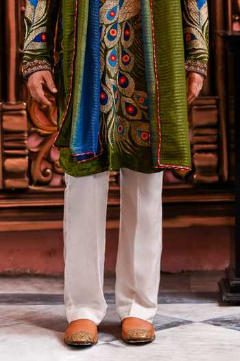 Yajy By Aditya Jain_Olive Green Velvet Mayur Utsav Peacock Embroidered Kurta Set _Online_at_Aza_Fashions