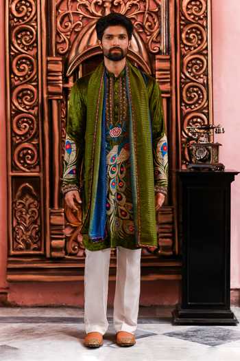 Buy_Yajy By Aditya Jain_Olive Green Velvet Mayur Utsav Peacock Embroidered Kurta Set _Online_at_Aza_Fashions