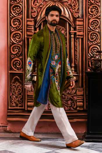Shop_Yajy By Aditya Jain_Olive Green Velvet Mayur Utsav Peacock Embroidered Kurta Set _Online_at_Aza_Fashions