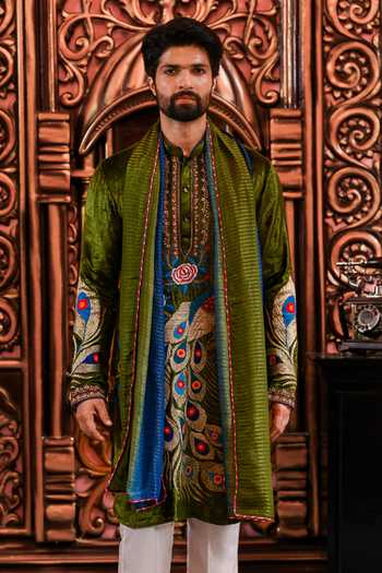 Yajy By Aditya Jain_Olive Green Velvet Mayur Utsav Peacock Embroidered Kurta Set _at_Aza_Fashions
