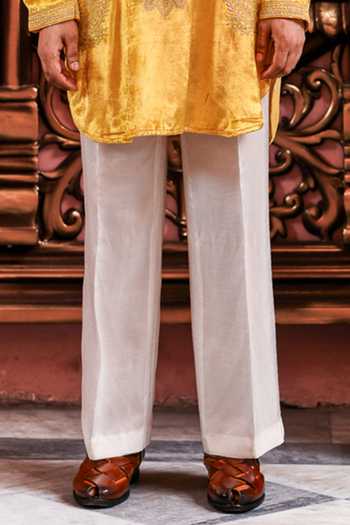 Yajy By Aditya Jain_Yellow Velvet Agniborsho Embroidered Kurta And Pant Set _Online_at_Aza_Fashions