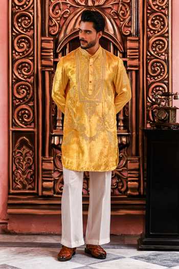 Yajy By Aditya Jain_Yellow Velvet Agniborsho Embroidered Kurta And Pant Set _at_Aza_Fashions